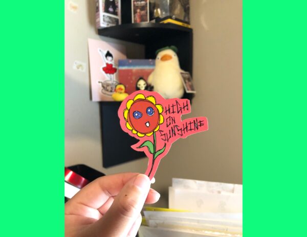 High on sunshine flower sticker pink